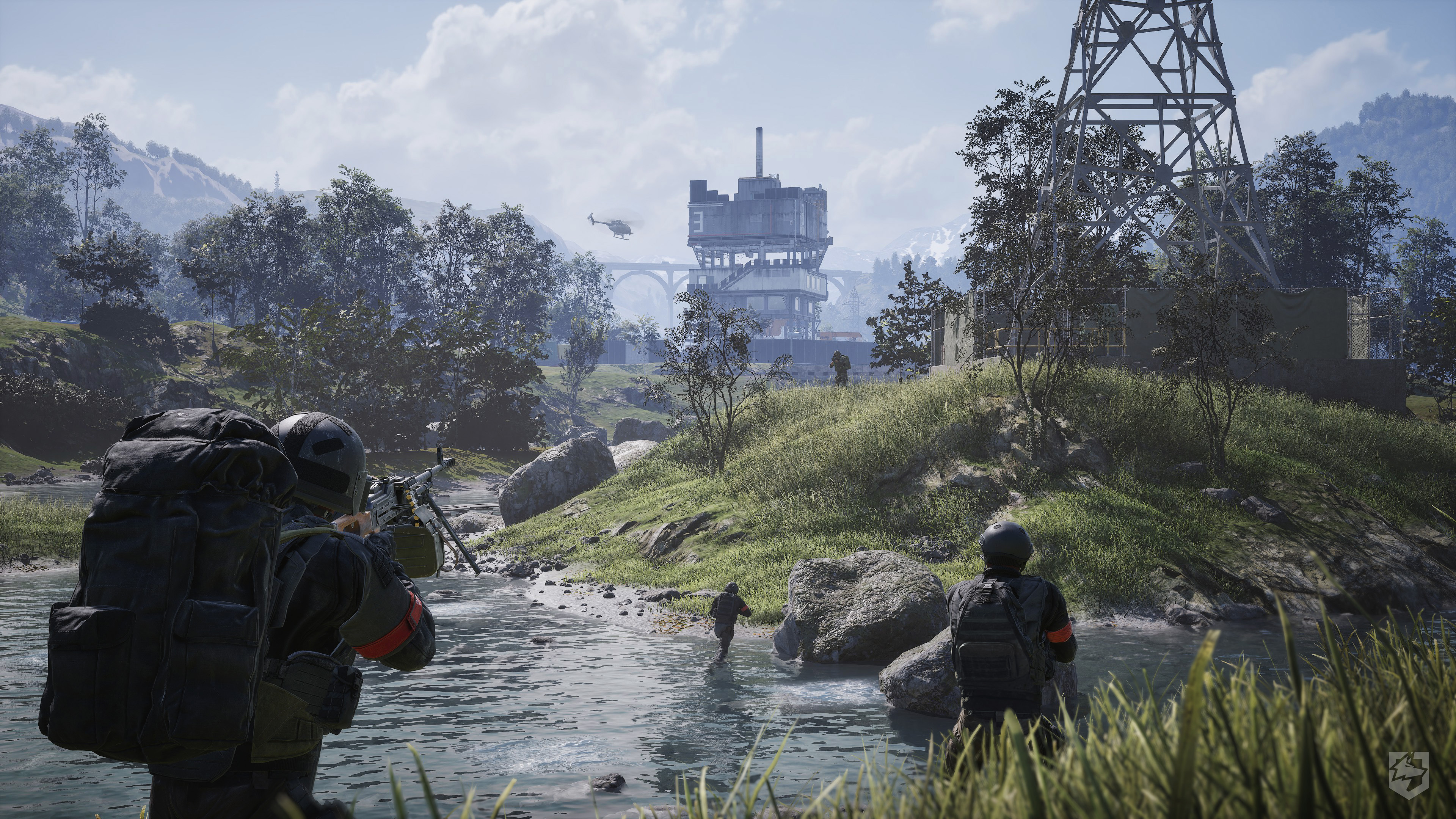 Official WARDOGS battlefield scene with infantry moving near a river and damaged structures